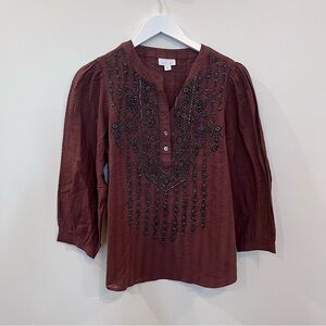 Pure J Jill Elements Beaded Embroidered Top Womens XS Brown 3/4 Sleeve Buttons